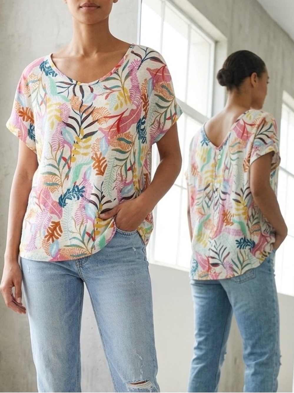 Cynthia Rowley Linen Tropical Blouse XL Button Back Coastal Boho Top Resortwear - Picture 13 of 13